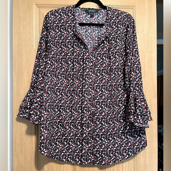 Ralph Lauren Geometric Ruffle Sleeve Blouse - Picture 1 of 8